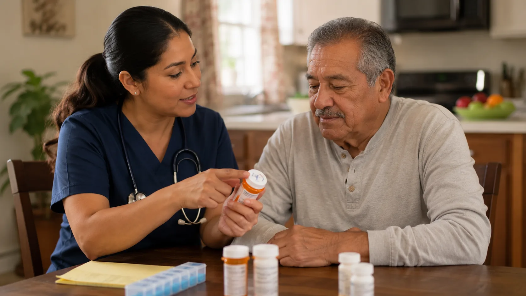Una enfermera bilingüe explica los medicamentos a una adulta mayor en su cocina